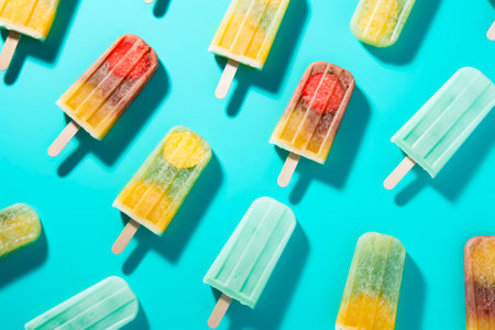 Colorful popsicle pattern on blue background. top viewの素材