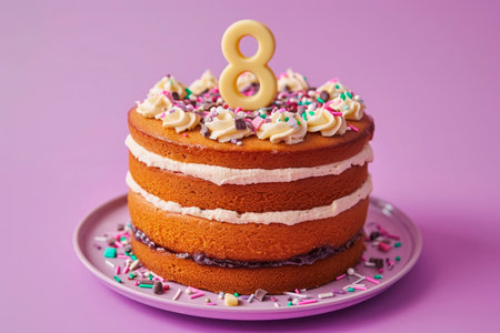 a delicious cake with number eight on top, purple backgroundの素材