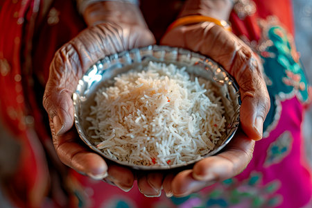 hands of elderly indian woman holding a bowl of riceの素材
