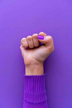 woman's hand with raised fist on purple backgroundの素材