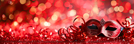 Carnival party background.Venetian mask on red glitter background. Copy spaceの素材