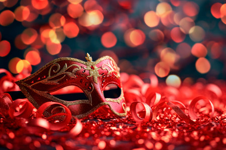 Carnival party background.Venetian mask on red glitter background. Copy spaceの素材