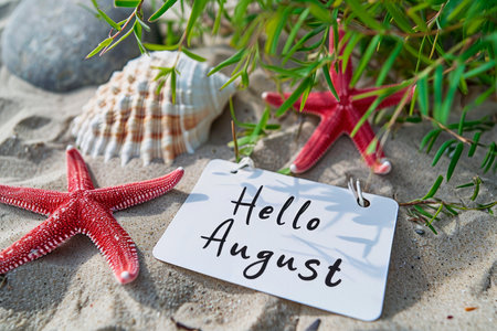 Phrase "Hello August" written on white note, beach and starfish backgroundの素材