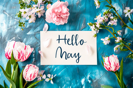Phrase "Hello May" written on white note, on pastel background with flowersの素材