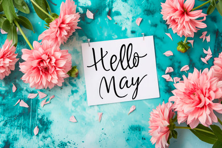 Phrase "Hello May" written on white note, on pastel background with flowersの素材