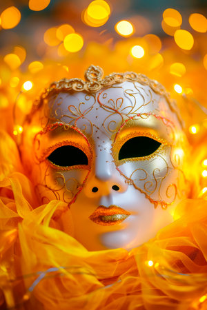 Carnival party background.Venetian mask on yellow glitter background. Copy spaceの素材