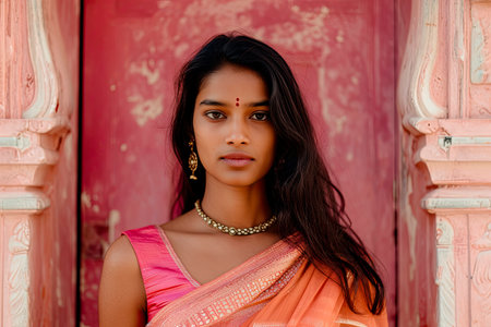 portrait of a young beautiful indian woman with sariの素材