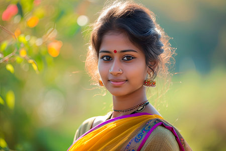 portrait of a young beautiful indian woman with sariの素材