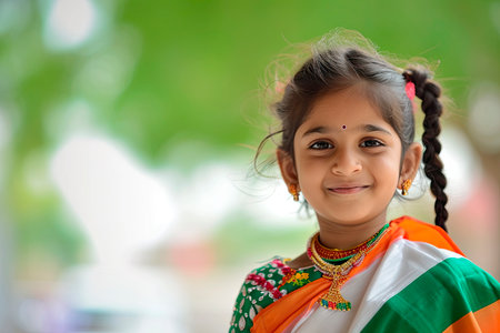 happy indian girl with indian flagの素材