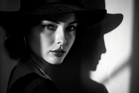 portrait of a beautiful woman with cinematic vintage style in black and whiteの素材