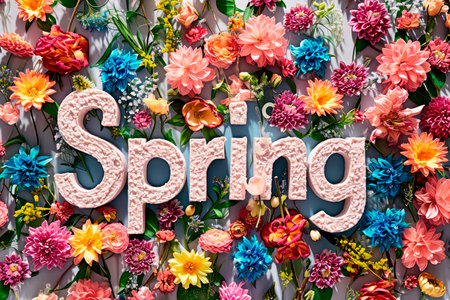 background with spring flowers and the word spring in the centerの素材
