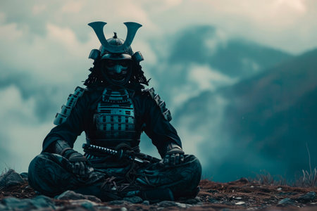 samurai meditation on the top of a mountainの素材