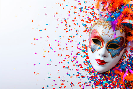 Carnival party background.Venetian mask on white background with confetti. Copy spaceの素材