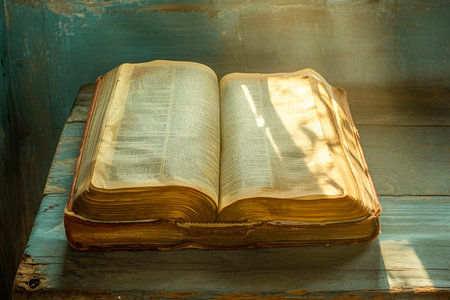 holy bible illuminated with heavenly light on a rustic and old wooden tableの素材