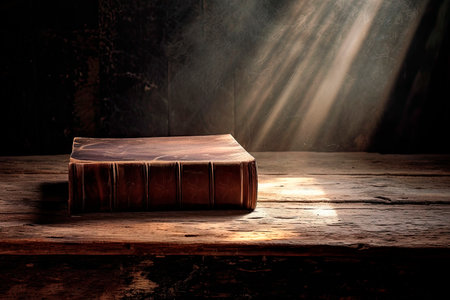 holy bible illuminated with heavenly light on a rustic and old wooden tableの素材