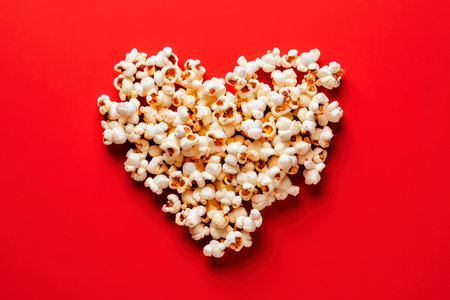 popcorn with heart shape on red background. Cinema valentines day conceptの素材