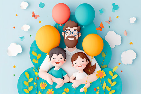 Handsome man with his children and color balloons. Happy fathers day card. Paper cut style. vector illustrationの素材