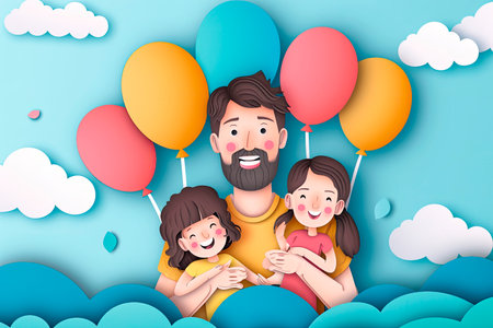 Handsome man with his children and color balloons. Happy fathers day card. Paper cut style. vector illustrationの素材