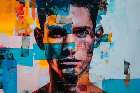 Portrait of person with collage technique and color blockingの素材