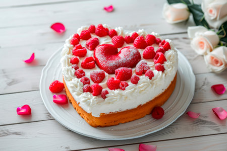 Heart shaped cake for Valentine's Day or mother's day on white wooden backgroundの素材