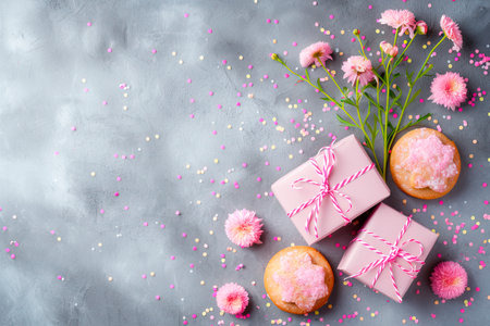 Biscuit dessert flowers and pink gift boxes with confetti on gray background, top view, copy space, mothers day and easter conceptの素材