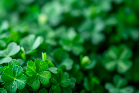 fresh three-leaved shamrocks background. St. Patrick`s day holiday symbolの素材