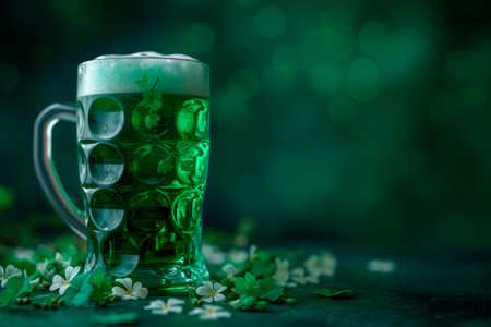 Green beer pint and leprechaun hat over dark green background, decorated with shamrock leaves with copy space. Traditional St. Patrick`s Day. irish festivalの素材