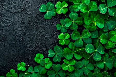 fresh three-leaved shamrocks on black background. St. Patrick`s day holiday symbolの素材