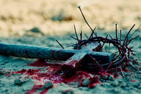 Crown of thorns with wood cross on with blood on the floor. Holy week conceptの素材