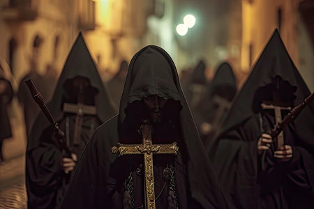 nazarenes with black hoods in a procession during holy weekの素材