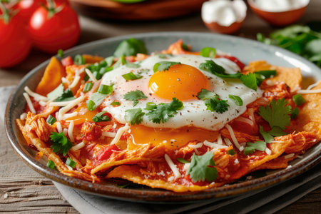 Traditional mexican chilaquiles on wooden table. Mexican breakfastの素材