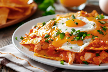 Traditional mexican chilaquiles on wooden table. Mexican breakfastの素材