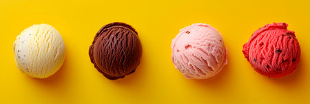 Set of various ice cream scoops isolated on yellow background. Top view. Vanilla, strawberry and chocolateの素材