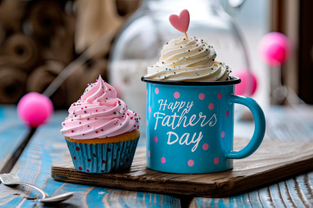phrase "Happy Fathers Day" message on blue theme polka dot coffee mug with creamの素材