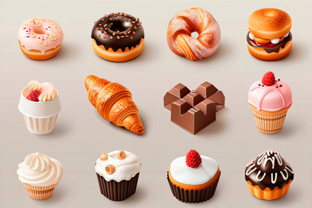 Sweet food 3d illustration icon set. Cake, donut, croissant, cupcake, ice cream, chocolate on pink backgroundの素材