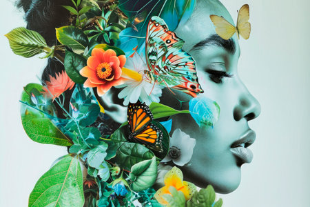 nature concept collage with woman,flowers and butterfliesの素材