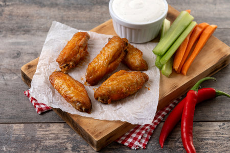 Buffalo spicy chicken wings with cayenne pepper sauce on wooden table.の写真素材