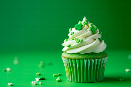 Green cupcake on green background for St. Patrick's Day celebration. Copy spaceの素材