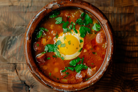 traditional polish soup. zurek with sausage, egg served in bread bowlの素材