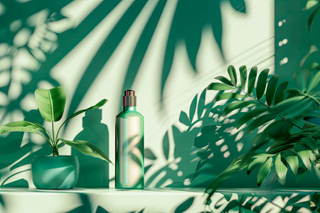 Product display with shadow nature leaves on green background with copy spaceの素材