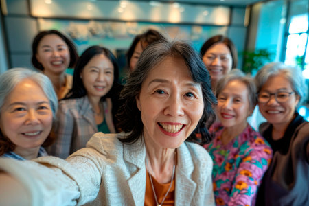 selfies and teamwork of elderly business women, global success or group empowerment in office leadership. Asian and Elderly Women's Social Media Career or Staff Profile Pictureの素材