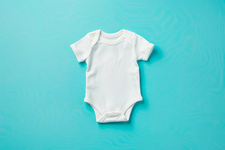 White baby romper mockup on blue background. Copyspaceの素材