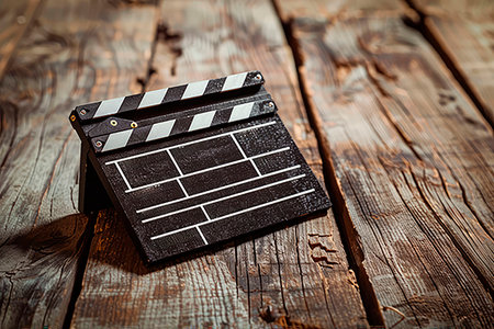 Clapper board on a white wooden surface, cinema and videomaking conceptの素材
