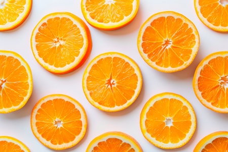 fruit pattern of fresh orange slices on green background. top viewの素材