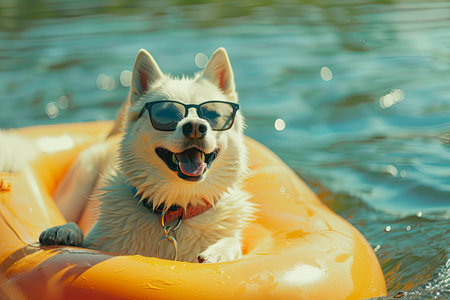 happy dog with sunglasses and floating ringの素材