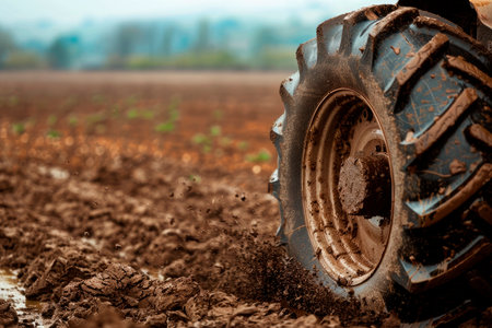 Tractor Wheels covered in mud with field in the backround. Agronomy, farming, husbandry conceptの素材