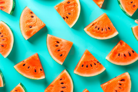 fruit pattern of fresh watermelon slices on green background. top viewの素材