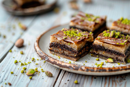 chocolate baklava with pistachio on wooden table. Traditional turkish dessertの素材