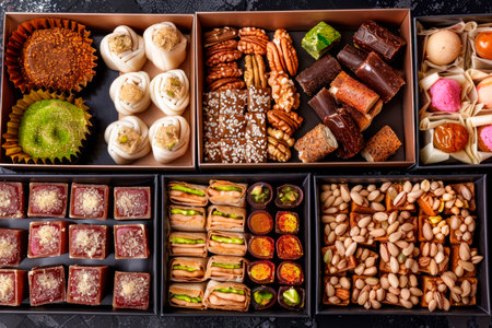 Arabic sweets boxes.Top view showing several shapes and types of traditional sweetsの素材