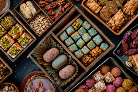 Arabic sweets boxes.Top view showing several shapes and types of traditional sweetsの素材